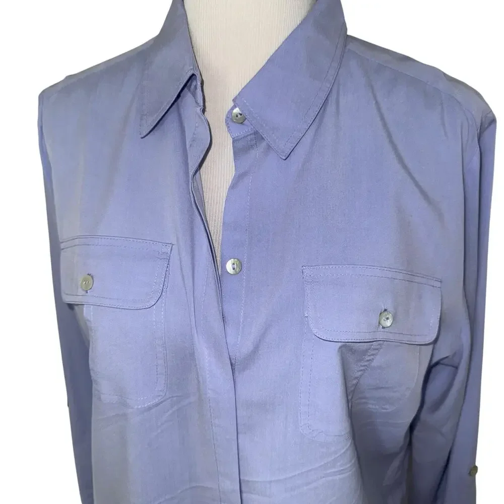 Chico’s  Button Up Tunic w/Roll tab sleeves Sz L (Chico’s Sz 2) in Lilac - Picture 3 of 10